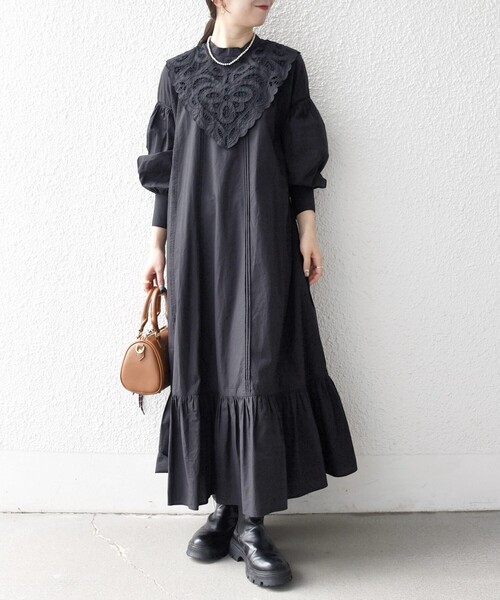 セール】bon_meur:〈洗濯機可能〉レース ビッグカラー ギャザー パフ