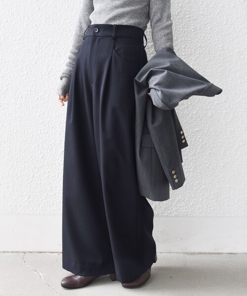 美品【REI】麗　ウール ワイドパンツ レースポケット　FREE　日本製 洗濯機可能〉ウールライク ポケット デザイン ワイド パンツ（その他