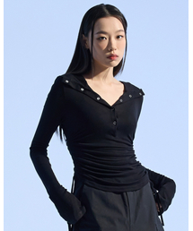 Hooded ring snap shirring top (BLACK)