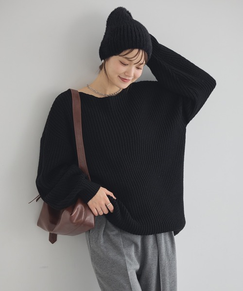 earth music&ecology(アースミュージックアンドエコロジー)の「【毛玉防止/2WAY】アンチピリングクロスネックルーズニット(ニット/セーター・レディース・アイボリー/ブラック/グレー/サックスブルー・FREE)」の5枚目の写真