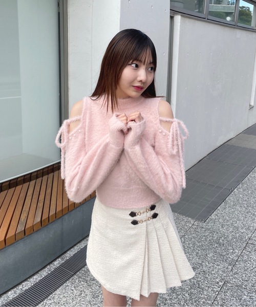 one way（ワンウェイ）の「肩あきリボンニット（ニット/セーター・レディース・ピンク/ホワイト/ブラック/チャコールグレー・FREE）」の4枚目の写真