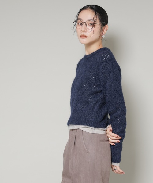 セール】ヘアリー透かしダイヤ柄ニットプルオーバー（ニット/セーター