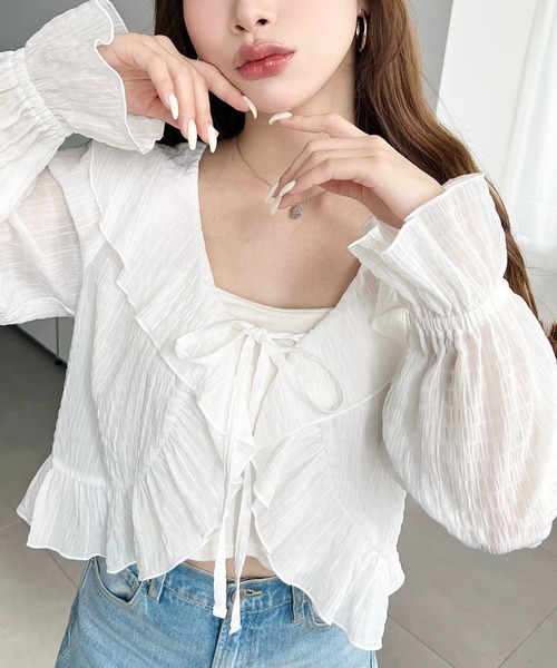 シアースモッキングライクラッフルフリルリボンカーディガン