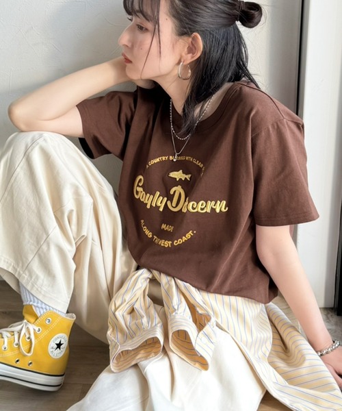 Java(ジャバ)の「《JaVaジャバコラボ》刺繍とプリントが織りなす唯一無二のデザイン。綿100%おさかな刺繍Tシャツ(Tシャツ/カットソー・レディース・ブラウン/チャコール/グレー/ネイビー・SMALL/MEDIUM/X-LARGE/LARGE)」の12枚目の写真