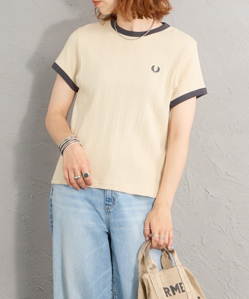 FRED PERRY 別注 ランダムリブ ワンポイントロゴ刺繍 リンガーTシャツ FRED PERRY/フレッドペリー] 別注 ランダムリブ ワンポイントロゴ刺繍