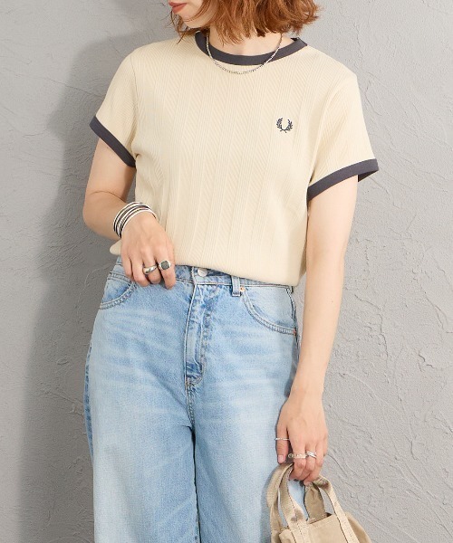FRED PERRY/フレッドペリー] 別注 ランダムリブ ワンポイントロゴ刺繍