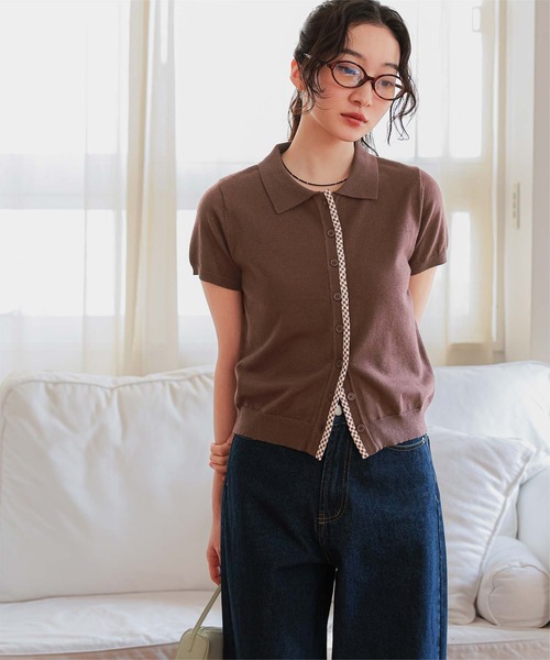 miette(ミエット)の「パイピングデザイン半袖ニット(ニット/セーター・レディース・グレー/ブラック/ブラウン/ネイビー・L/M/S)」の3枚目の写真