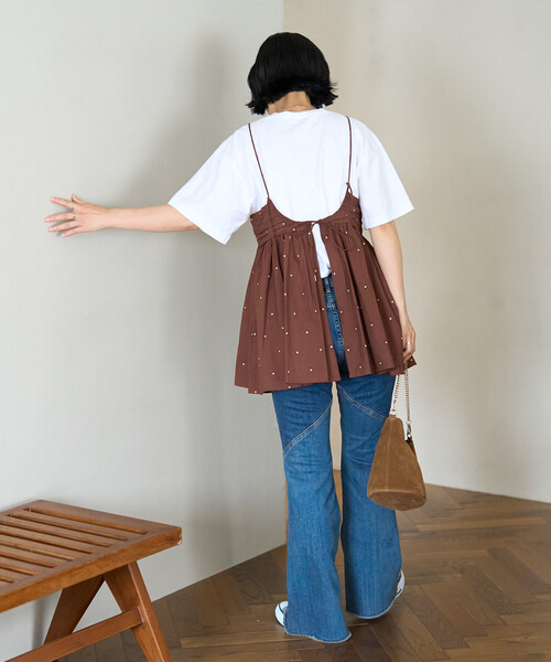 FREAK'S STORE（フリークスストア）の「インド ラメドット刺繍 バックオープンキャミソール＜セットアップ対応＞（キャミソール・レディース・オフホワイト/ブラック/ブラウン/ネイビー・ﾌﾘ-）」の3枚目の写真