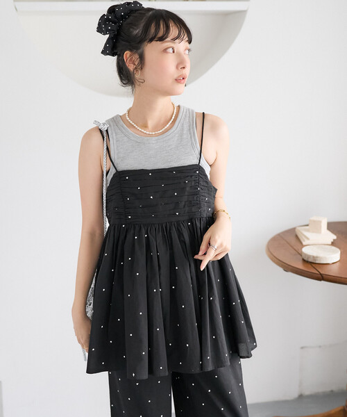 FREAK'S STORE（フリークスストア）の「インド ラメドット刺繍 バックオープンキャミソール＜セットアップ対応＞（キャミソール・レディース・オフホワイト/ブラック/ブラウン/ネイビー・ﾌﾘ-）」の2枚目の写真