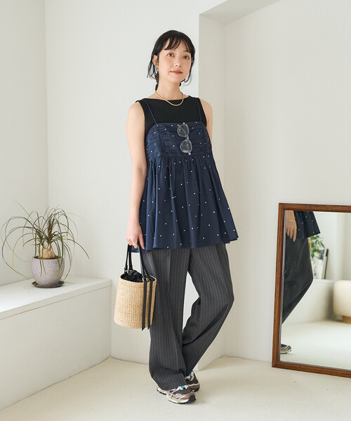 FREAK'S STORE（フリークスストア）の「インド ラメドット刺繍 バックオープンキャミソール＜セットアップ対応＞（キャミソール・レディース・オフホワイト/ブラック/ブラウン/ネイビー・ﾌﾘ-）」の6枚目の写真