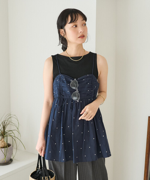 FREAK'S STORE（フリークスストア）の「インド ラメドット刺繍 バックオープンキャミソール＜セットアップ対応＞（キャミソール・レディース・オフホワイト/ブラック/ブラウン/ネイビー・ﾌﾘ-）」の11枚目の写真