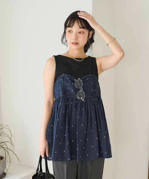 FREAK'S STORE（フリークスストア）の「インド ラメドット刺繍 バックオープンキャミソール＜セットアップ対応＞（キャミソール・レディース・オフホワイト/ブラック/ブラウン/ネイビー・ﾌﾘ-）」の16枚目の写真