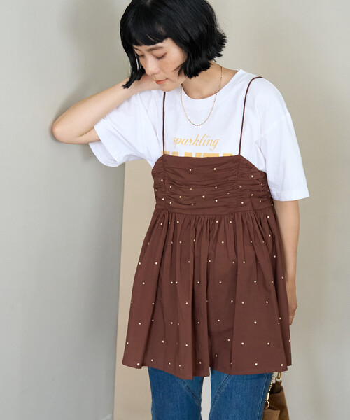 FREAK'S STORE(フリークスストア)の「インド ラメドット刺繍 バックオープンキャミソール<セットアップ対応>(キャミソール・レディース・オフホワイト/ブラック/ブラウン/ネイビー・フリ-)」の14枚目の写真