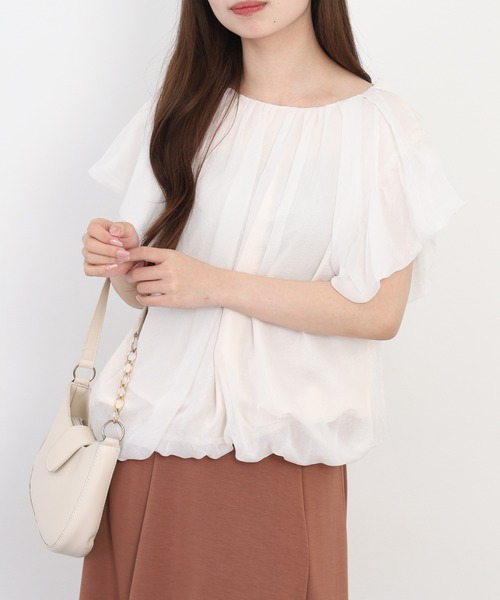 EGLANTINE（エグランティーヌ）の「EGLANTINE ギャザーネック ラメ調シフォンパフブラウス 半袖（シャツ/ブラウス・レディース・オフホワイト/ベビーピンク/ブラウン・38）」の4枚目の写真
