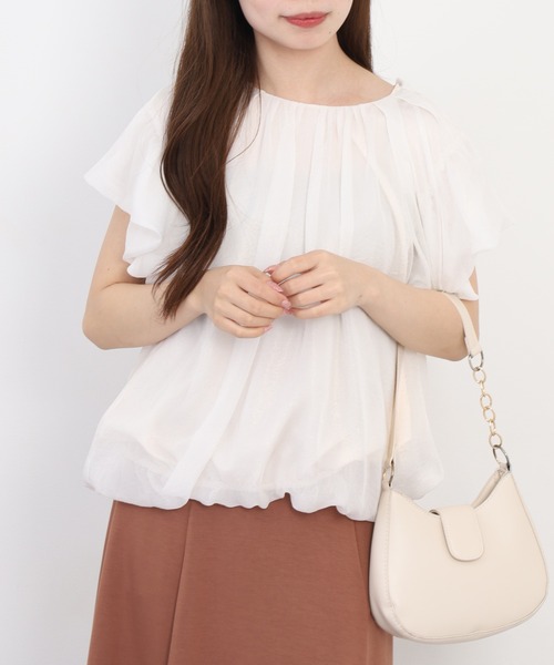EGLANTINE（エグランティーヌ）の「EGLANTINE ギャザーネック ラメ調シフォンパフブラウス 半袖（シャツ/ブラウス・レディース・オフホワイト/ベビーピンク/ブラウン・38）」の6枚目の写真