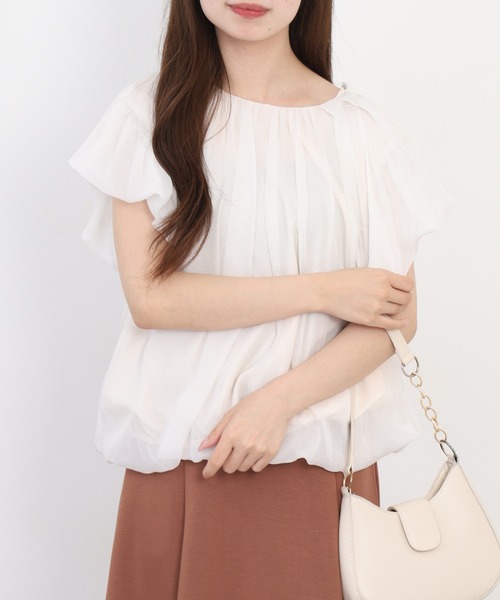 EGLANTINE（エグランティーヌ）の「EGLANTINE ギャザーネック ラメ調シフォンパフブラウス 半袖（シャツ/ブラウス・レディース・オフホワイト/ベビーピンク/ブラウン・38）」の7枚目の写真