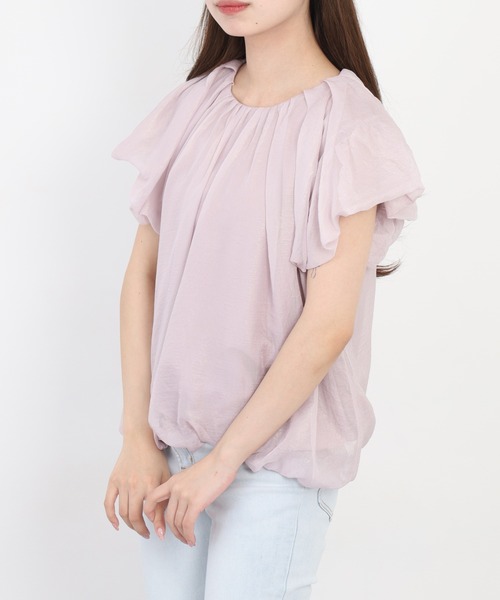 EGLANTINE（エグランティーヌ）の「EGLANTINE ギャザーネック ラメ調シフォンパフブラウス 半袖（シャツ/ブラウス・レディース・オフホワイト/ベビーピンク/ブラウン・38）」の22枚目の写真