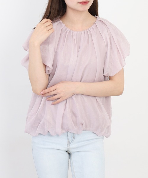 EGLANTINE（エグランティーヌ）の「EGLANTINE ギャザーネック ラメ調シフォンパフブラウス 半袖（シャツ/ブラウス・レディース・オフホワイト/ベビーピンク/ブラウン・38）」の19枚目の写真