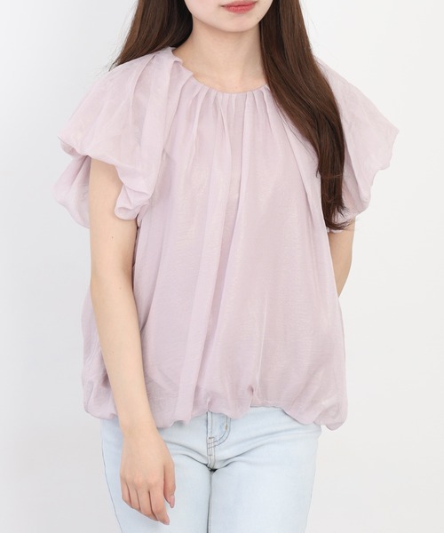 EGLANTINE（エグランティーヌ）の「EGLANTINE ギャザーネック ラメ調シフォンパフブラウス 半袖（シャツ/ブラウス・レディース・オフホワイト/ベビーピンク/ブラウン・38）」の20枚目の写真