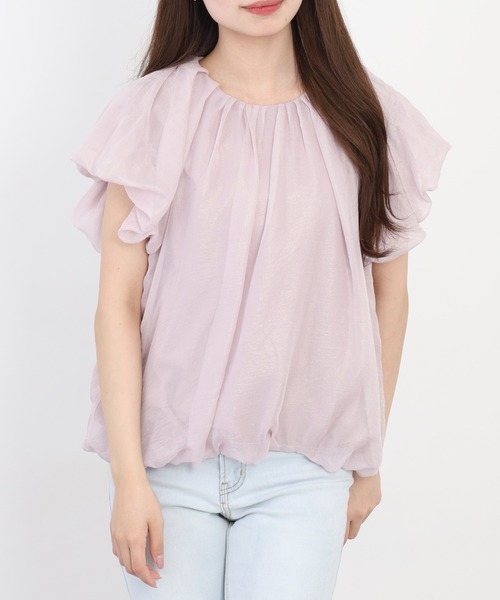 EGLANTINE（エグランティーヌ）の「EGLANTINE ギャザーネック ラメ調シフォンパフブラウス 半袖（シャツ/ブラウス・レディース・オフホワイト/ベビーピンク/ブラウン・38）」の18枚目の写真