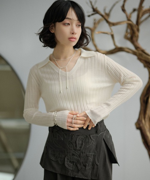 LAULEN(ローレン)の「wool brend sheer collared rib knit /ウールブレンド襟付きリブシアーニット(ニット/セーター・レディース・ホワイト/ミント/チャコールグレー・FREE)」の2枚目の写真