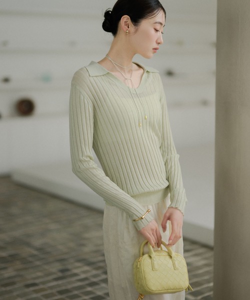 LAULEN(ローレン)の「wool brend sheer collared rib knit /ウールブレンド襟付きリブシアーニット(ニット/セーター・レディース・ホワイト/ミント/チャコールグレー・FREE)」の1枚目の写真