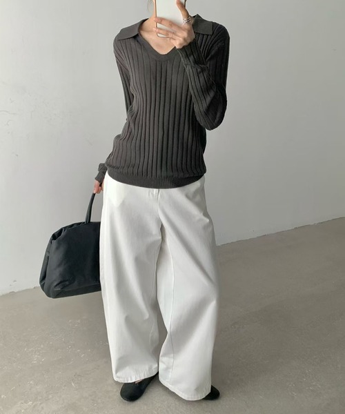 LAULEN(ローレン)の「wool brend sheer collared rib knit /ウールブレンド襟付きリブシアーニット(ニット/セーター・レディース・ホワイト/ミント/チャコールグレー・FREE)」の9枚目の写真