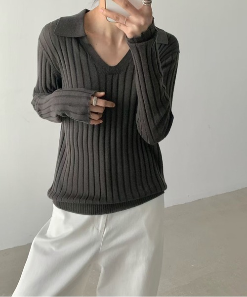 LAULEN(ローレン)の「wool brend sheer collared rib knit /ウールブレンド襟付きリブシアーニット(ニット/セーター・レディース・ホワイト/ミント/チャコールグレー・FREE)」の8枚目の写真