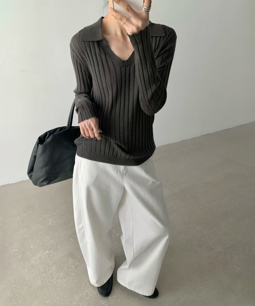 LAULEN(ローレン)の「wool brend sheer collared rib knit /ウールブレンド襟付きリブシアーニット(ニット/セーター・レディース・ホワイト/ミント/チャコールグレー・FREE)」の7枚目の写真