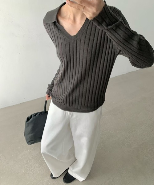 LAULEN(ローレン)の「wool brend sheer collared rib knit /ウールブレンド襟付きリブシアーニット(ニット/セーター・レディース・ホワイト/ミント/チャコールグレー・FREE)」の6枚目の写真