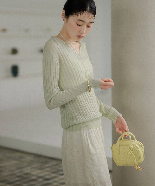 LAULEN(ローレン)の「wool brend sheer collared rib knit /ウールブレンド襟付きリブシアーニット(ニット/セーター・レディース・ホワイト/ミント/チャコールグレー・FREE)」の13枚目の写真