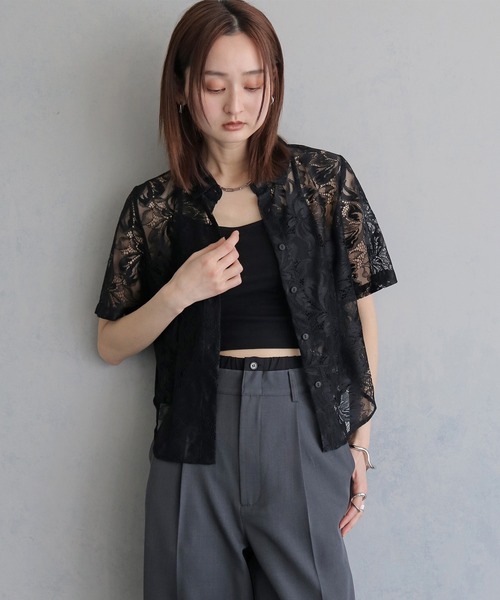 &g'aime(アンジェム)の「【&g'aime 】フラワーレースシャツ FlourLaceShirt(シャツ/ブラウス・レディース・ブラック/アイボリー・FREE)」の1枚目の写真