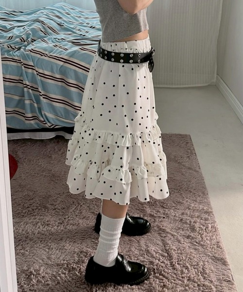 leune(ルネ)の「ドットフリルミディスカート(スカート・レディース・ブラック/オフホワイト・FREE)」の6枚目の写真
