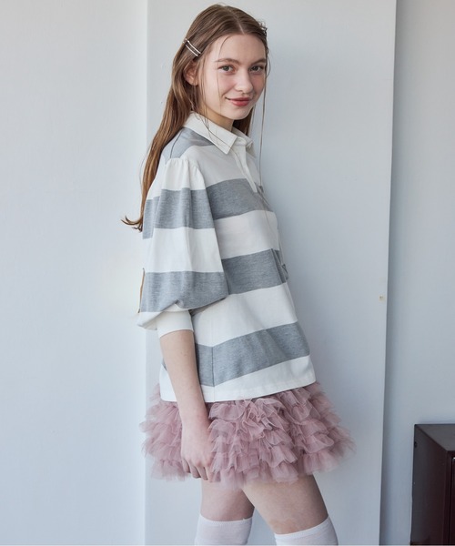 etre loin(エトルワン)の「ラグビーシャツ&フリルパンツスカート / Rugby shirt and frill pants skirt(シャツ/ブラウス・レディース・グレー/グリーン/ブラック・M)」の3枚目の写真