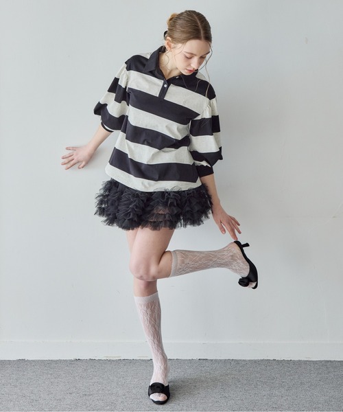 etre loin(エトルワン)の「ラグビーシャツ&フリルパンツスカート / Rugby shirt and frill pants skirt(シャツ/ブラウス・レディース・グレー/グリーン/ブラック・M)」の2枚目の写真