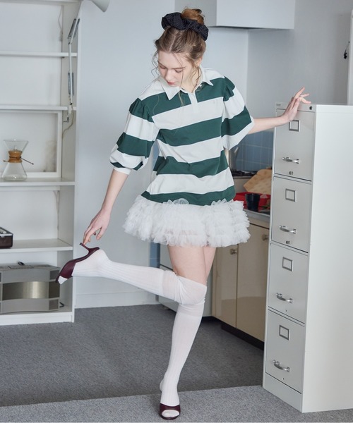 etre loin(エトルワン)の「ラグビーシャツ&フリルパンツスカート / Rugby shirt and frill pants skirt(シャツ/ブラウス・レディース・グレー/グリーン/ブラック・M)」の5枚目の写真