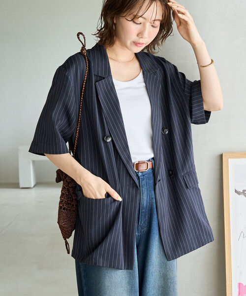 限定展開 <セットアップ対応>ピンストライプ 半袖 テーラード