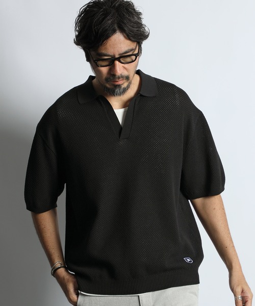 The DUFFER of ST.GEORGE（ザダファーオブセントジョージ）の「BCI COTTON MESH KNIT SKIPPER POLO：メッシュニット スキッパーポロ / ドライタッチ / 軽量 / サマーニット（ポロシャツ・メンズ・ブラック/キナリ/ネイビー・X-LARGE/LARGE/MEDIUM）」の6枚目の写真