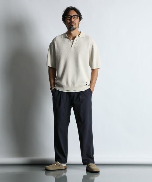 The DUFFER of ST.GEORGE（ザダファーオブセントジョージ）の「BCI COTTON MESH KNIT SKIPPER POLO：メッシュニット スキッパーポロ / ドライタッチ / 軽量 / サマーニット（ポロシャツ・メンズ・ブラック/キナリ/ネイビー・X-LARGE/LARGE/MEDIUM）」の5枚目の写真