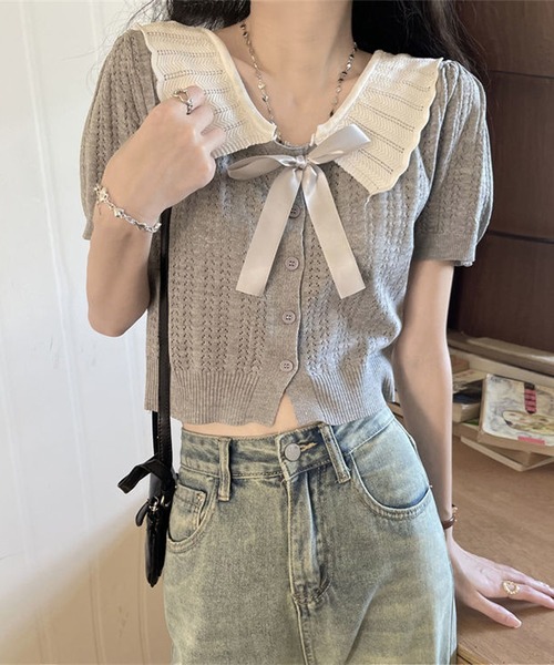 Nia(ニア)の「Nia(ニア)/バレエコア リボン襟ニットトップス(Tシャツ/カットソー・レディース・アイボリー/グレー/ブラック・FREE)」の7枚目の写真