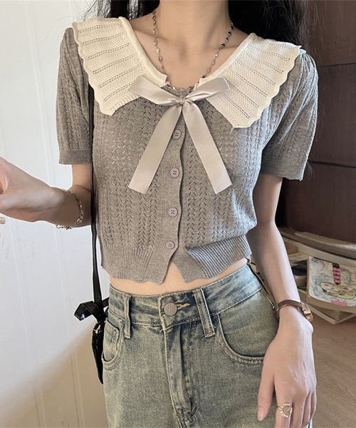 Nia(ニア)の「Nia(ニア)/バレエコア リボン襟ニットトップス(Tシャツ/カットソー・レディース・アイボリー/グレー/ブラック・FREE)」の8枚目の写真