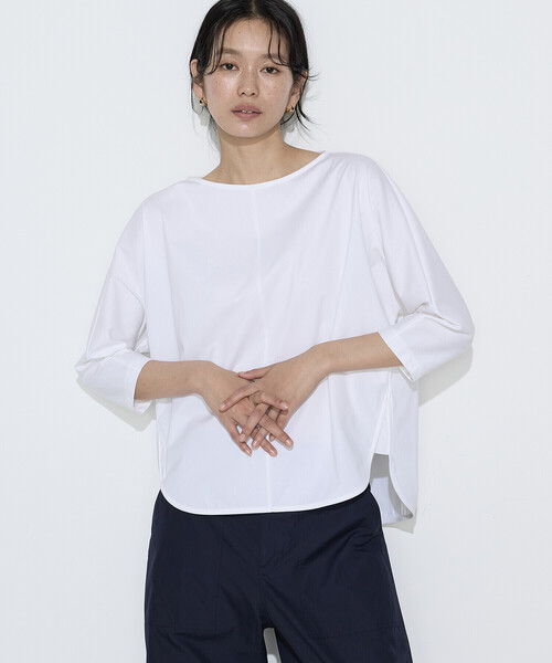 COMME CA Wardrobe(コムサワードローブ)の「〔 +サイズ 〕 トリコット ボートネックプルオーバー(Tシャツ/カットソー・レディース・ホワイト/グリーン/ネイビー・13号)」の1枚目の写真