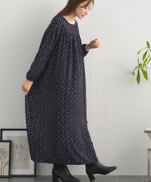 ショルダーギャザープリントロングワンピース