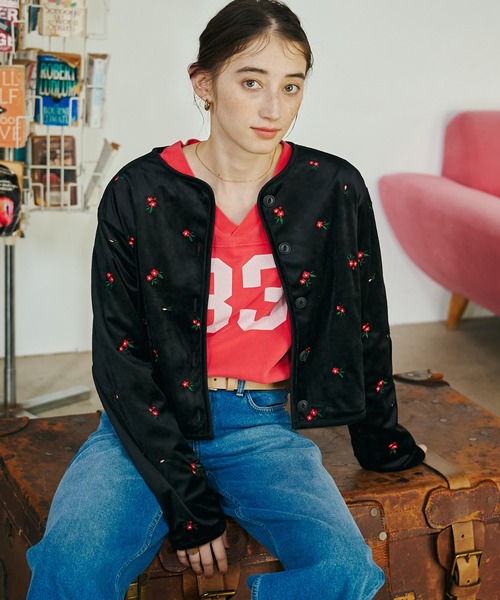 GEORGE'S(ジョージズ)の「ベロア刺繍カーディガン(カーディガン/ボレロ・レディース・ボルドー/ブラック・FREE)」の1枚目の写真