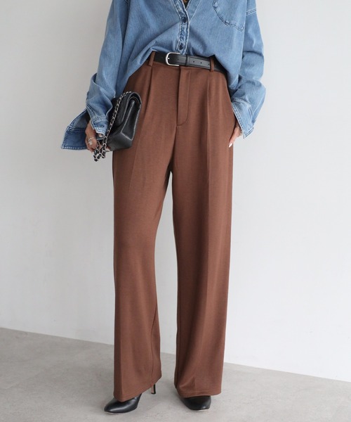 ベルト付き裏起毛センタープレスストレッチワイドパンツ