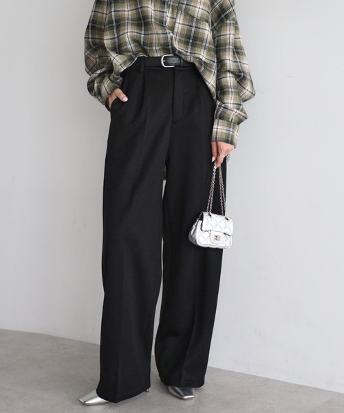 ベルト付き裏起毛センタープレスストレッチワイドパンツ