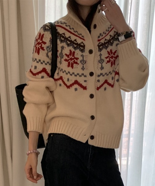 LUCPY(ラクピー)の「ノルディック柄ハイネックニットカーディガン(カーディガン/ボレロ・レディース・グレー/ホワイト・FREE)」の4枚目の写真