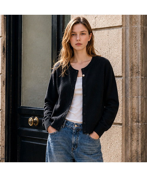 SLOWLOLLI(スローローリ)の「Henley button cardigan_4 Colors(カーディガン/ボレロ・レディース・ブラック/ベージュ/バーガンディー/チャコール・FREE)」の2枚目の写真