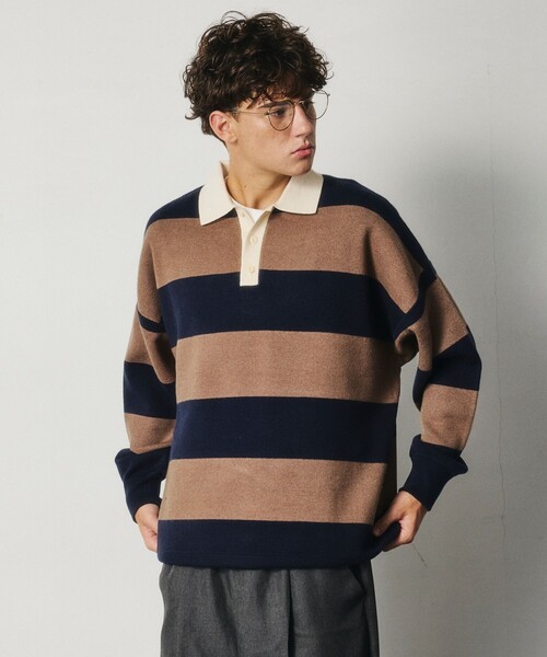 FREAK'S STORE(フリークスストア)の「ビッグシルエット ボーダー ニット ラガーシャツ 限定展開(ニット/セーター・メンズ・ピンク/ベージュ/ネイビー/ブラウン・LARGE/MEDIUM/SMALL)」の4枚目の写真