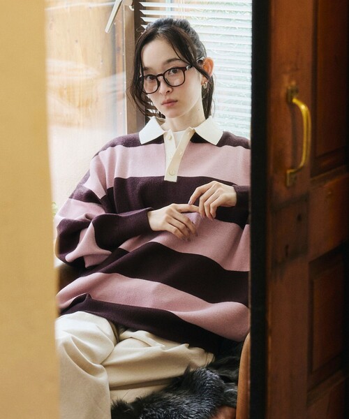 FREAK'S STORE(フリークスストア)の「ビッグシルエット ボーダー ニット ラガーシャツ 限定展開(ニット/セーター・メンズ・ピンク/ベージュ/ネイビー/ブラウン・LARGE/MEDIUM/SMALL)」の1枚目の写真